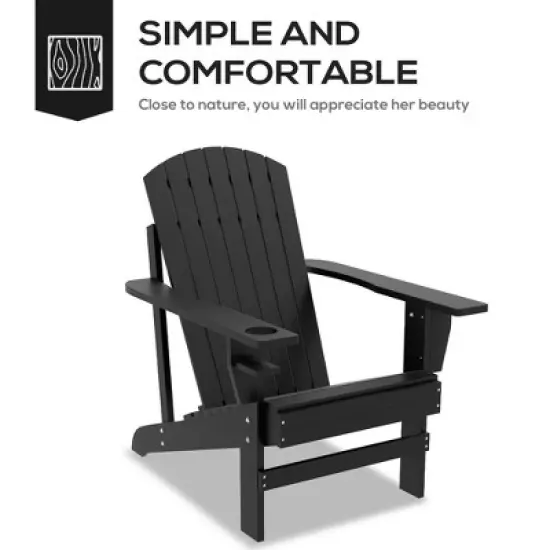 Outsunny Wooden Adirondack Chair, Outdoor Patio Lawn Chair with Cup Holder, Weather Resistant Lawn Furniture, Classic Lounge for Deck, Garden,Black image {3}