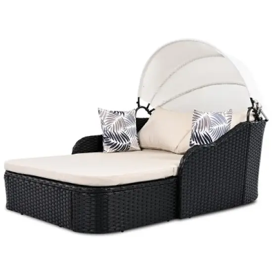 Double Patio Outdoor Chaise Lounge,Black Wicker Patio Outdoor Sunbed With Adjustable Canopy,PE Rattan Lounge Daybed With Cushion -Maison Boucle image {2}