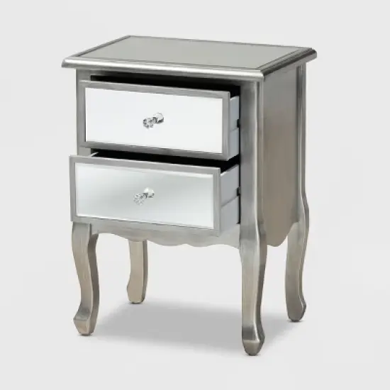 Leonie Wood and Mirrored Glass 2 Drawer Nightstand Silver - Baxton Studio image {1}