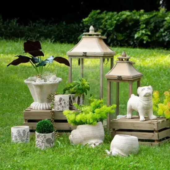 NAYSAYE Planter Set of 4 Gray Sand and Cement Planter with Brown Botanical Motifs for Indoor Outdoor Garden, Brown and Gray, 10"*10"*5" image {4}