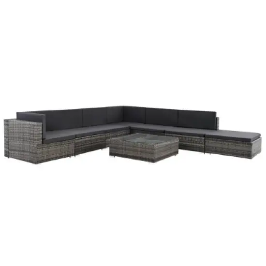 vidaXL Gray 8 Piece Patio Set - Poly Rattan Lounge with Cushions, Corner & Center Sofas, Coffee Table, and Ottoman - Indoor/Outdoor Garden Furniture image {11}