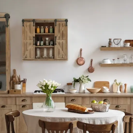 LuxenHome Farmhouse Wood Sliding 2-Door Wall Storage Cabinet image {10}