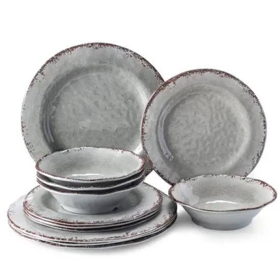 Itopfox Farmhouse Melamine Dinnerware Set, 12-Piece Rustic Plates and Bowls for Picnic, Camping, Indoor and Outdoor Use, Dishwasher Safe image {6}