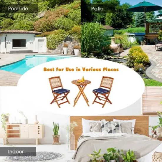 Tangkula 3PCS Folding Patio Conversation Set Acacia Wood Bistro Set w/ Cushions image {3}