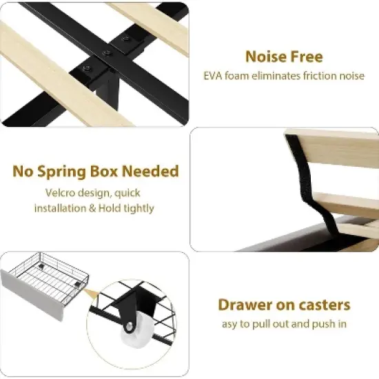 Bed Frame with 2 Storage Drawers, Vintage Velvet Upholstered Bedframe with Wooden Slat Support and Button Tufted Wingback Headboard image {6}