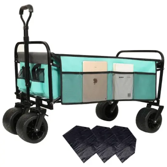 YONWAY Foldable Beach Wagon Cart  Loading Capacity 440lbs,with Strapping System and 3pcs Plastic Liner Bag for Camping Shopping image {12}