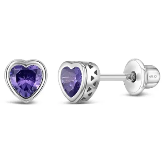 Girl's CZ Birthstone Heart Screw Back Sterling Silver Earrings - In Season Jewelry image {6}