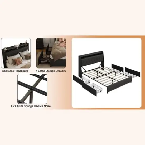 Okak Platform Bed Frame with Upholstered Storage Shelf Bed with Outlets Charger Metal Frame No Box Spring Needed Noise-Free image {5}