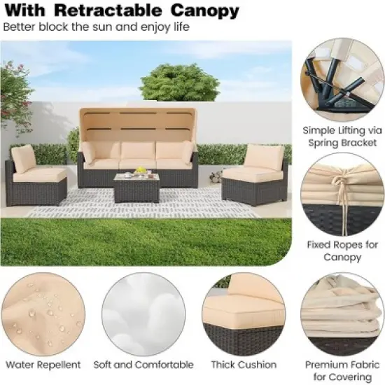 Whizmax 6 Pieces Outdoor Patio Sectional Sofa Couch, Brown PE Wicker Furniture Conversation Sets with Beige Cushions & Glass Coffee Table image {2}