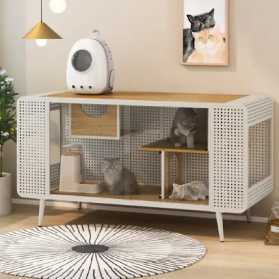 DSVIMOY Spacious Cat House with Glass for Living Room, Hallway, Study and Other Space, White, 55.12"*22.83"*29.92" image {3}
