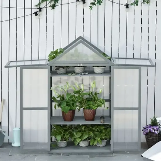 Outsunny 32" x 19" x 54" Garden Wood Cold Frame Greenhouse Flower Planter with Adjustable Shelves, Double Doors image {2}