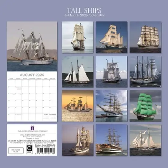 2026 Square Wall Calendar, Tall Ships, 16-Month Transport Theme with 180 Reminder Stickers (12x12 In) image {3}