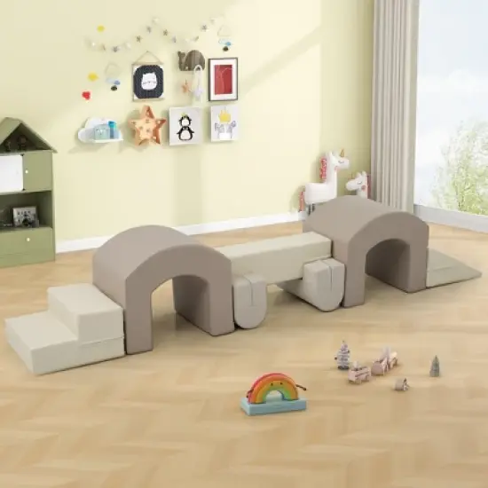 TopComfy Baby and Toddler Learning Toy Indoor Soft Foam Climber Play Set 7 in 1 for Active Play, Coffee, 32.09"*20.67"*18.5" image {1}