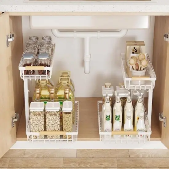 Boersma Adjustable Height 2-Tier Metal Drawer Organizer &ndash; Under Sink Storage Rack with Sliding Baskets for Kitchen, Bathroom, Pantry，Black image {4}