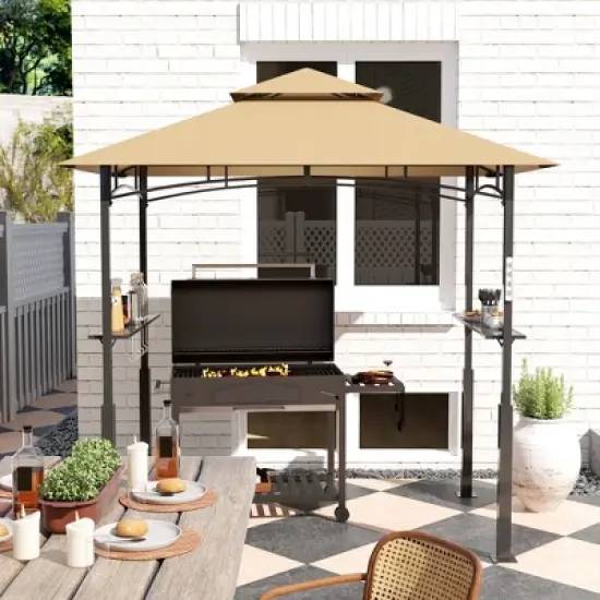 Outsunny 8' x 5' Grill Gazebo, Double Tiered Outdoor BBQ Gazebo with LED Light, 2 Side Shelves, Hooks and Bottle Opener for Patio Yard image {4}