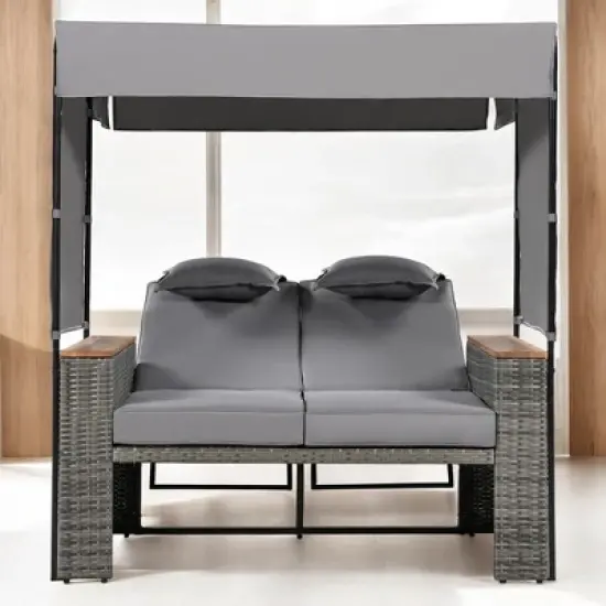 2-Piece Outdoor Rattan Daybed with 5 Positions, Canopy, Bench, and Cushions for Poolside, Backyard & Garden image {13}