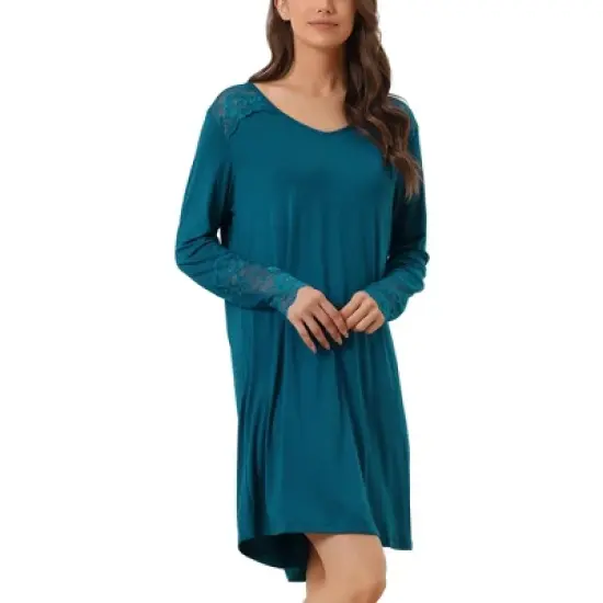 cheibear Women's Lace Trim Long Sleeves Pull-on Nightshirt Dress image {7}