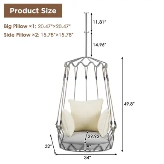 Outdoor Porch Swing Chair Hanging Basket, Patio Swing Chair with Cushion, Hanging Porch Swing for Backyard Garden Balcony, Hold Up to 300 LBS image {1}