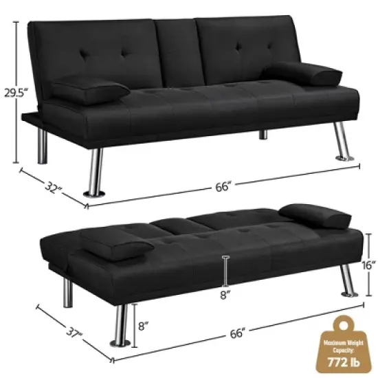 Yaheetech Convertible Futon Sofa Bed Tufted Fabric Futon with Cupholders and Pillows image {2}