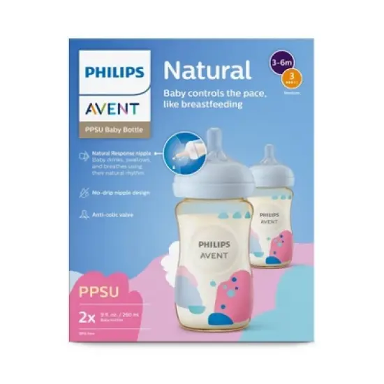 Philips Avent PPSU Natural Baby Bottles with Medium Flow Nipples - Flow 3 - 9oz/2pk image {2}