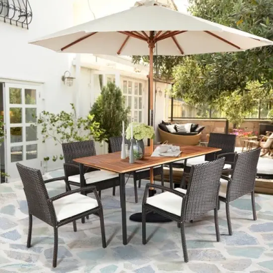 Costway 7PCS Patio Rattan Dining Set Table Top W/Umbrella Hole image {3}