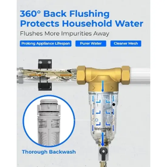 Waterdrop Spin Down Sediment Filter, Backwash Whole House Water Filter System for Well Water, 40-50 Micron, 1" MNPT + 3/4" FNPT + 3/4" MNPT image {1}
