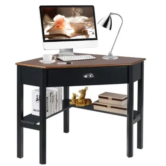 Costway Triangle Computer Desk Corner Office Desk Laptop Table with Drawer Shelves Rustic Brown&Black/White/Black/Coffee/Grey/Natural&White image {11}
