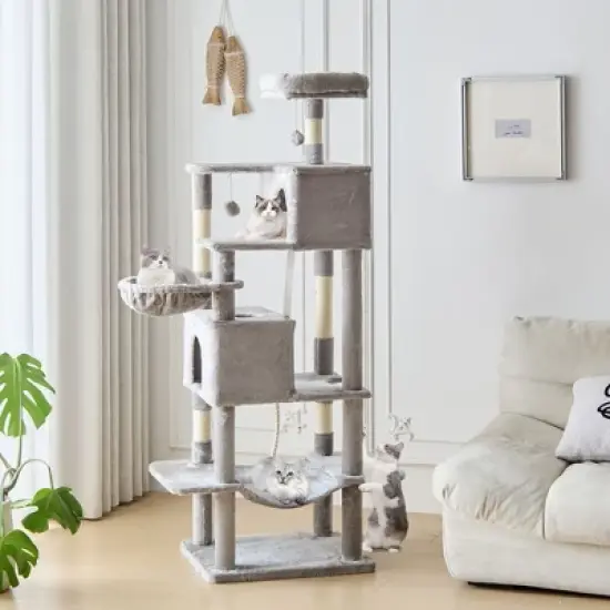 JIONJOY 66" Multi-Level Cat Tree - 2 Large Condos, Sisal Scratching Posts & Hammock, Stable Indoor Cat Tower-Light Grey image {1}