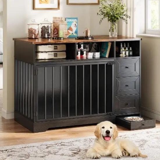 48 Inch Dog Crate Furniture, Indoor Dog Kennel with Hidden Bowl, 3 Drawers and 3 Open Drawers, Decorative Pet Crate for Large Dogs image {8}