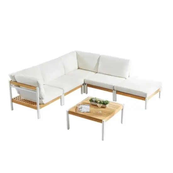 Decksplore 6 Piece Teak Seating Group Outdoor Sectional Set, Indoor-Outdoor Conversation Set L-Shaped Sofa with Dining Table image {6}