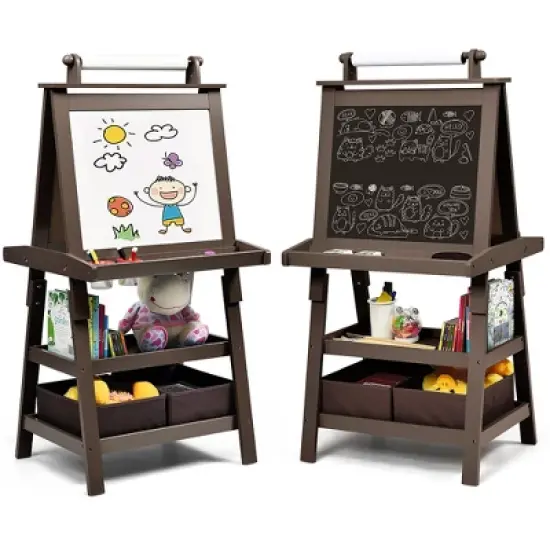 Costway 3 in 1 Double-Sided Wooden Kid's Art Easel Whiteboard image {11}