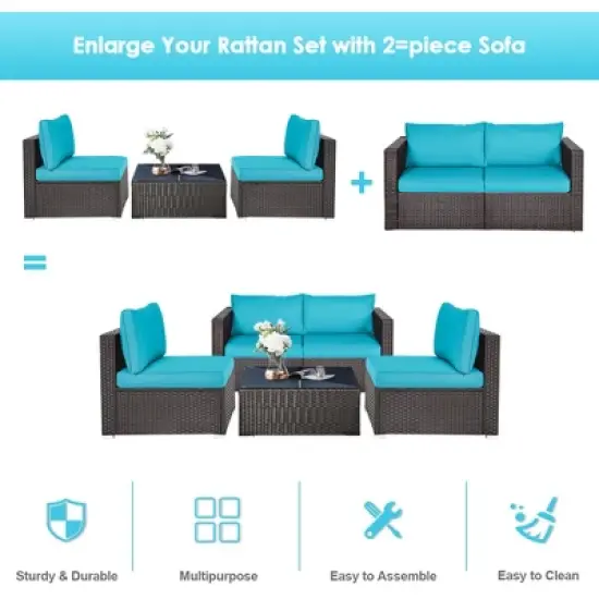 Tangkula 4PCS Rattan Corner Sofa Set Patio Outdoor Furniture Set w/ Blue Cushions image {6}