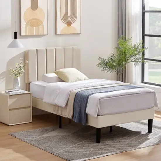 VECELO Velvet Upholstered Platform Bed Frame with Adjustable Headboard, Sturdy Wood Slat Support, No Box Spring Required image {12}