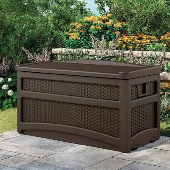 Suncast 73 Gallon Deck Box & Wicker Trash Hideaway Outdoor Garbage Bin, Java image {3}
