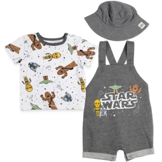 Star Wars Chewbacca R2-D2 Yoda Baby French Terry Short Overalls T-Shirt and Hat 3 Piece Outfit Set Newborn to Infant image {8}