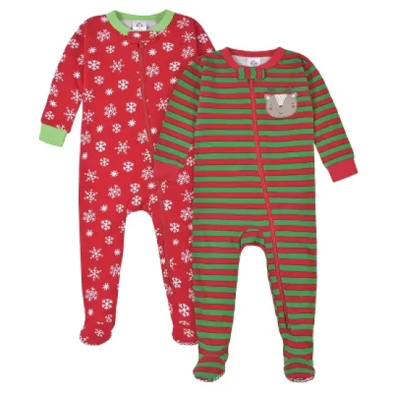 Gerber Baby Neutral Reindeer & Snowflake Snug Fit Footed Cotton Pajamas, 2-pack, 12 Months image {6}