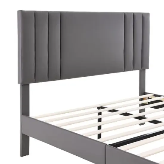 BIKAHOM Mid-Century Tufted Faux Leather Upholstered Platform Bed Frame w/Adjustable Height Headboard, Wooden Slats & No Box Spring Needed image {2}