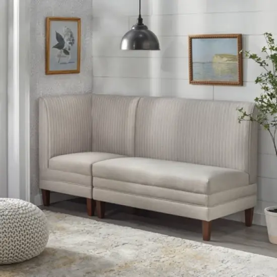 Lifestorey Phillips Upholstered Breakfast Nook Dining Bench Beige Stripe: Upholstered Dining Seating, Rubberwood Legs, Mid-Century Design image {9}