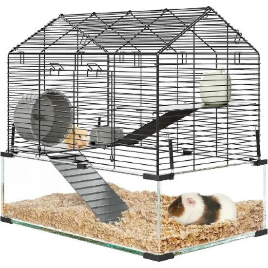 Metal Hamster Cage with Transparent Walls - Small Animal Habitat with 4 Accessories & Water Bottle for Hamsters, Mice, Rats,black image {5}