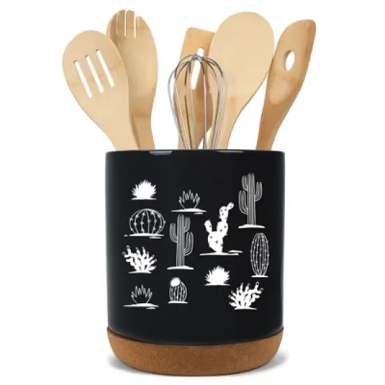 Elanze Designs 8 inch Cactus Desert Plant Pattern Large Ceramic Kitchen Utensil Holder Black and White Crock with Cork Base image {5}