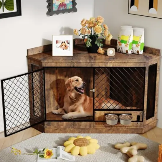 51.3" Corner Dog Crate Furniture with 360&iexcl;&atilde; Rotating Feeder, Decorative Dog Crates Dog Cage TV Stand Wooden Dog Kennel End Table image {7}