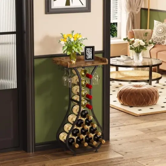 Itopfox Freestanding Wine Rack with Wood Tabletop & Glass Holder, Mini Bar Table for 14 Bottles, Space-Saving Floor Stand for Kitchen, Living Room image {2}