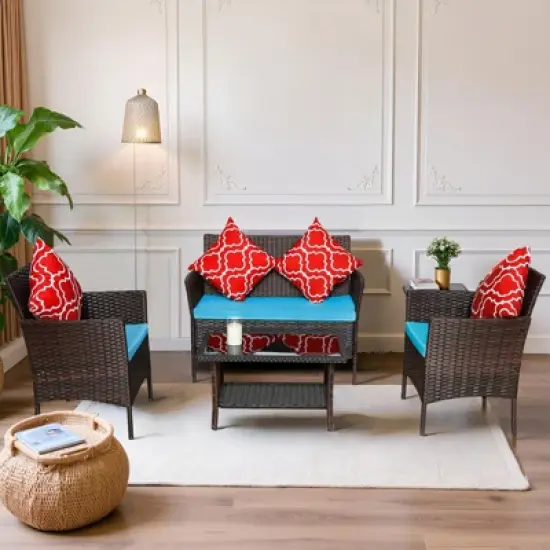 FIONECA 4-Piece Outdoor PE Rattan Sofa Set with Coffee Table and Sapphire Blue Cushions image {8}