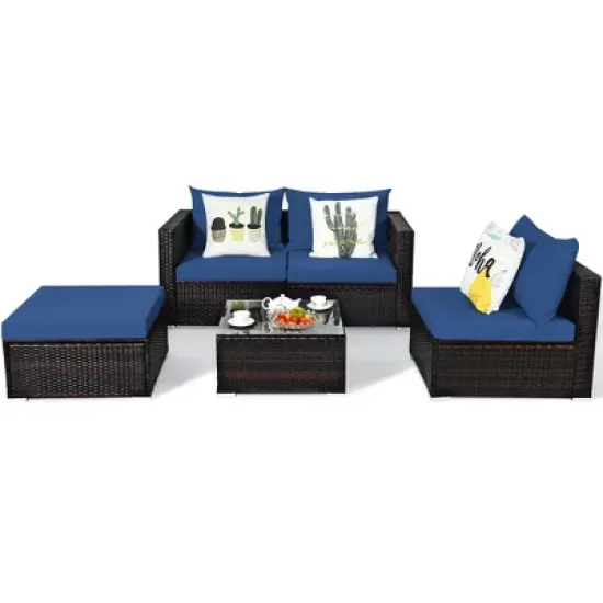 Tangkula 5PCS Cushioned Rattan Patio Conversation Set w/ Ottoman Navy Cushion image {6}