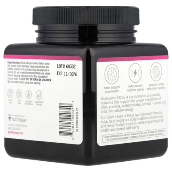Youtheory Vitamin B12 B6, Daily Energy and Brain Support Supplement, Vegetarian Capsules, 60 ct image {2}