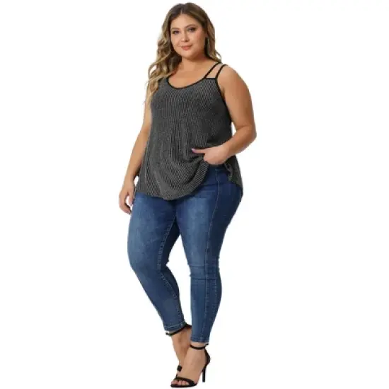 Agnes Orinda Women's Plus Size V Neck Sparkle Silvery Sleeveless Spaghetti Strap Camisole image {2}