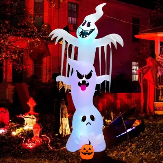 Tangkula 10FT Tall Halloween Inflatable Stacked Ghosts w/ Built-in RGB Lights Inflatable Overlap Ghosts Halloween Decor w/ Ropes & Stakes image {2}
