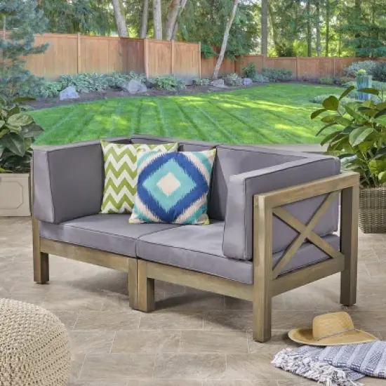 GDFStudio Keith Outdoor Acacia Wood Loveseat with Cushions image {9}