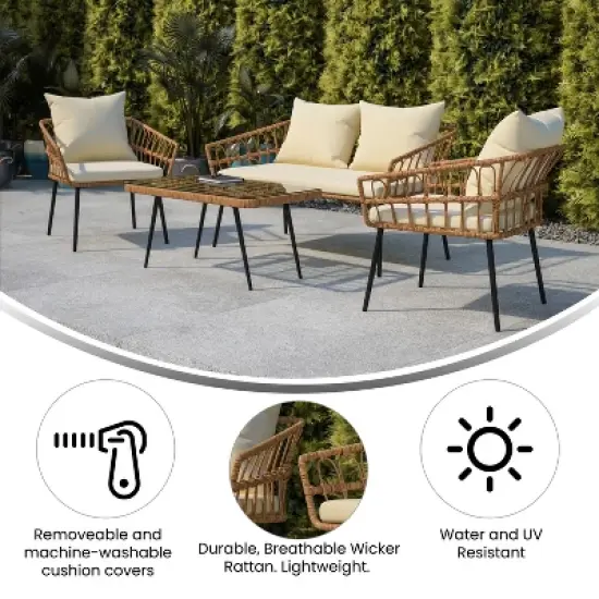 Emma and Oliver Four Piece Indoor/Outdoor Boho Open Weave Natural Rattan Rope Patio Set with Two Chairs, Loveseat and Table with Cushions image {7}