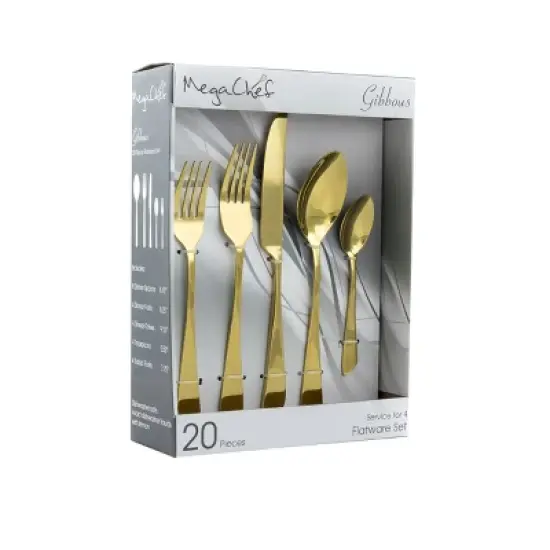 MegaChef Gibbous 20 Piece Flatware Utensil Set, Stainless Steel Silverware Metal Service for 4 in Gold image {7}
